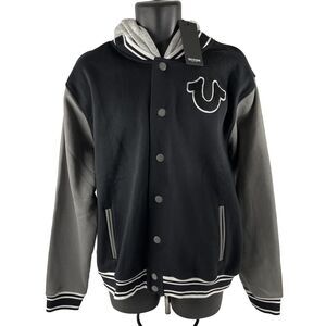 New Mens True Religion Fleece Varsity Jacket Hoodie Size Medium Black NWT $189